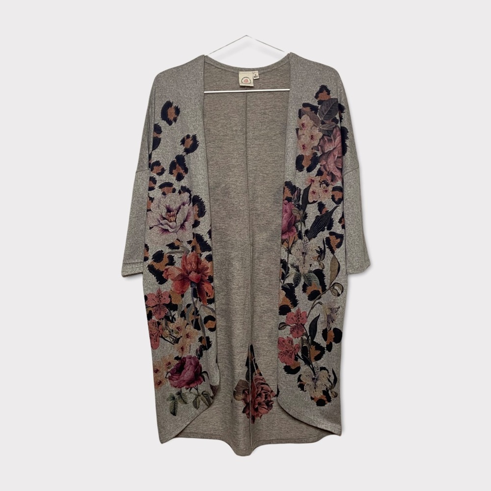Boho Open Front Floral Leopard Print Cardigan Gray